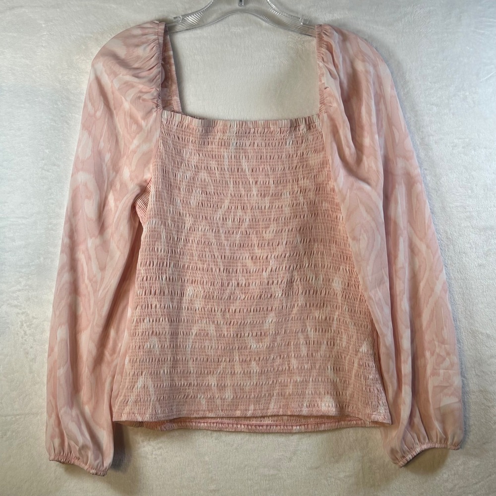 Halogen Pink Abstract Print Smocked Square Neck Long Sleeve Top Women's Medium - Picture 2 of 9